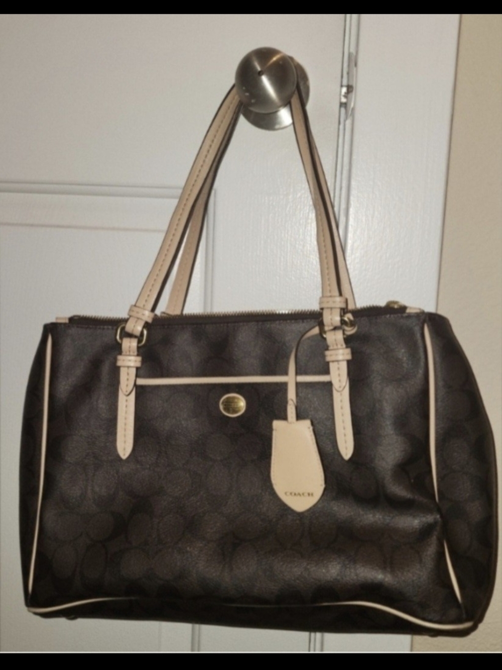 Coach Dark Brown Signature Shoulder Bag Tote with Cream Trim